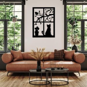 תמונת בחיתוך לייזר- פרחי עץ חלון חתול