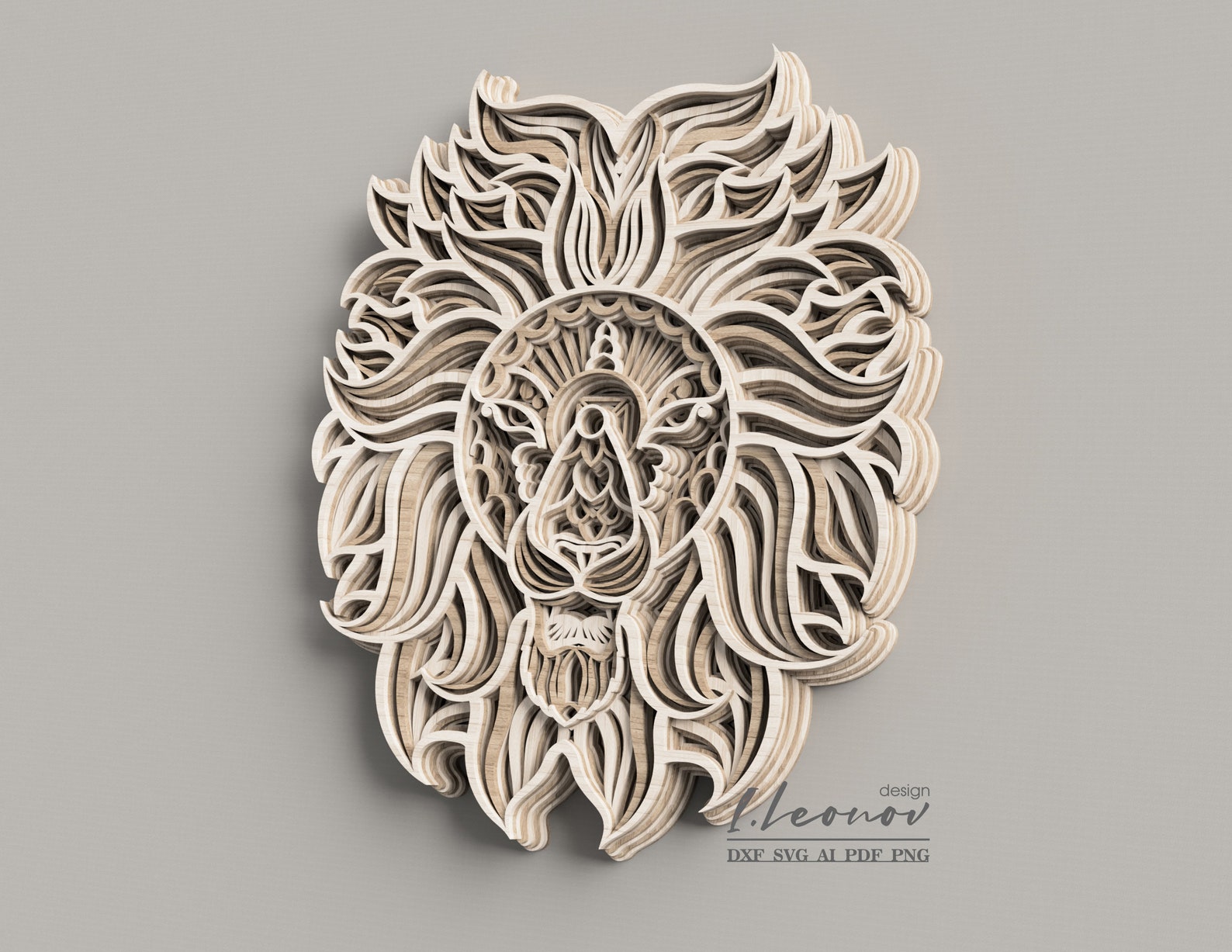 דגם אריה תלת מימדי - תמונת שכבות בחיתוך לייזר