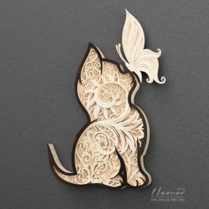 חתול עם פרפר - קישוט קיר תלת מימדי - תמונת שכבות בחיתוך לייזר