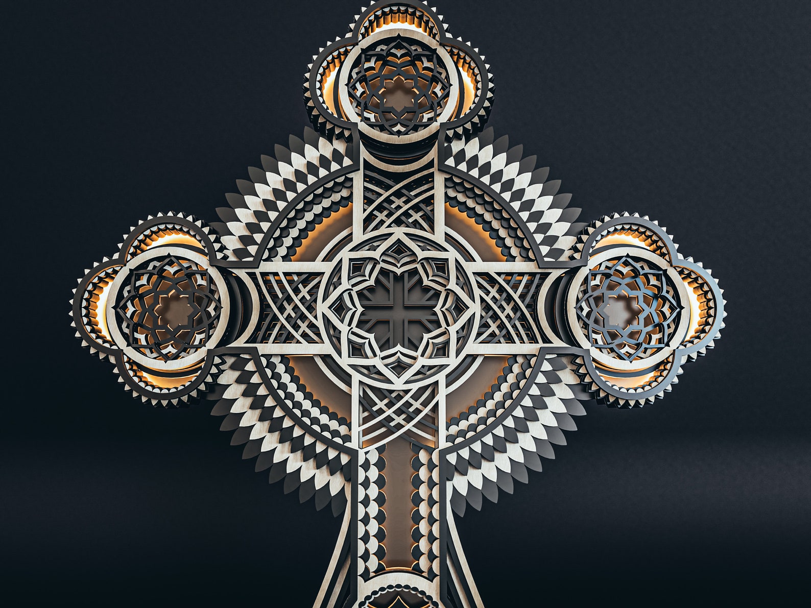 צלב מעוצב עם תאורת LED - תמונת שכבות בחיתוך לייזר