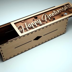 קופסת מתנה מעץ לבקבוק יין - יום נישואין שמח - תמונת שכבות בחיתוך לייזר